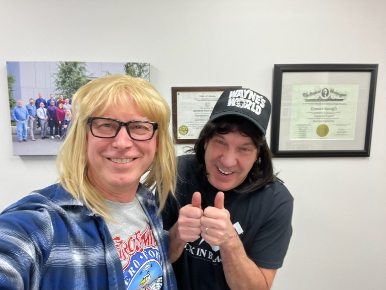 Ken and Dave Shumway wearing Wayne's World costumes