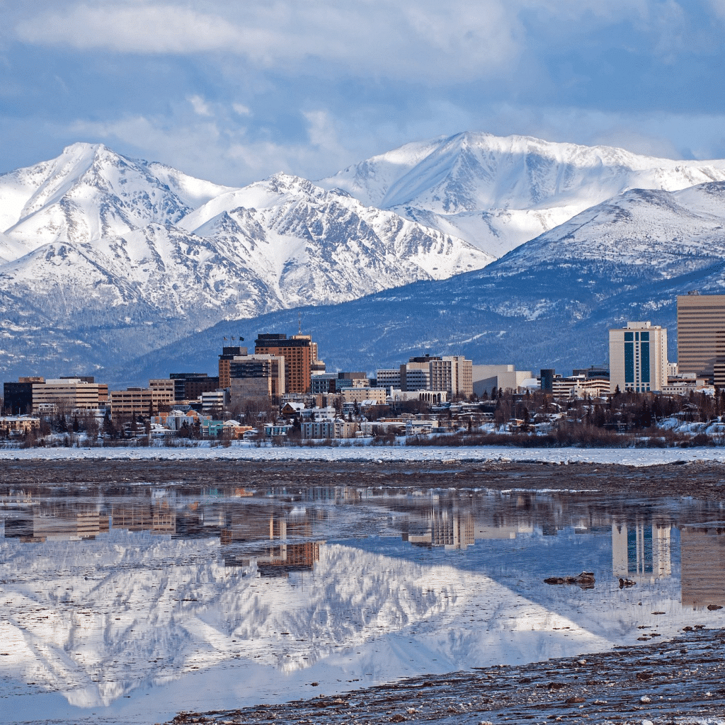 Anchorage skyline and snowy mountains