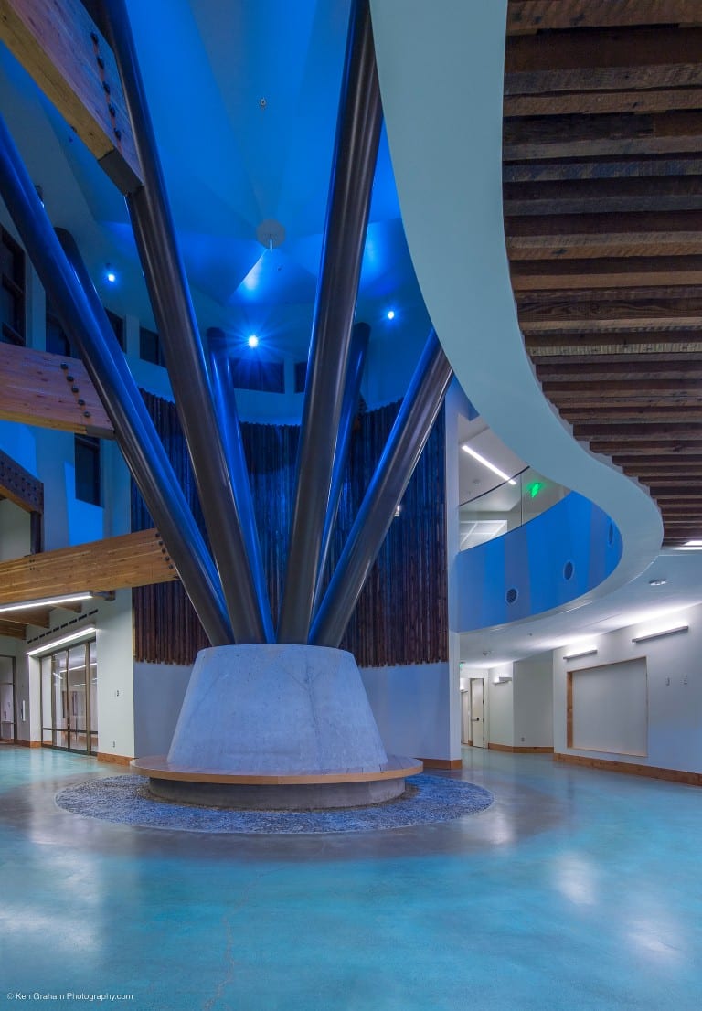 Multistory lobby with decorative blue lighting
