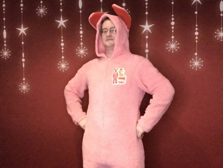 Sam Berdahl in easter bunny onsie