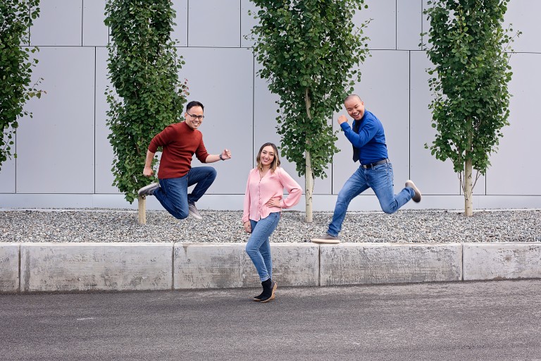 Edsel jumping and smiling