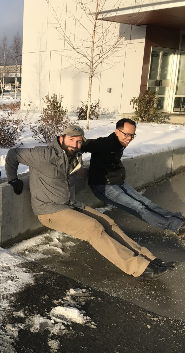 Marlong Lontoc doing simple exercises with another AMC employee