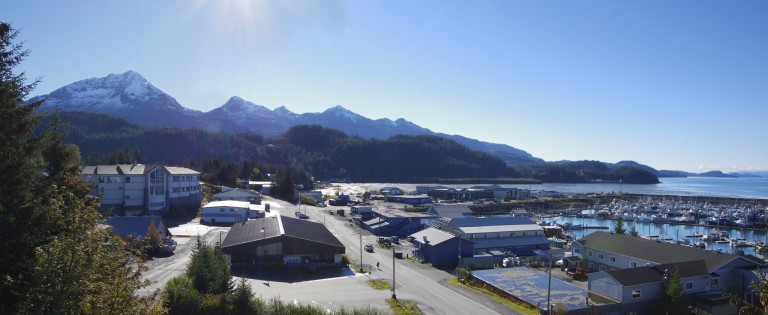 Overhead view of group of buildings along coast