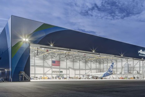 Brightly lit airline hangar