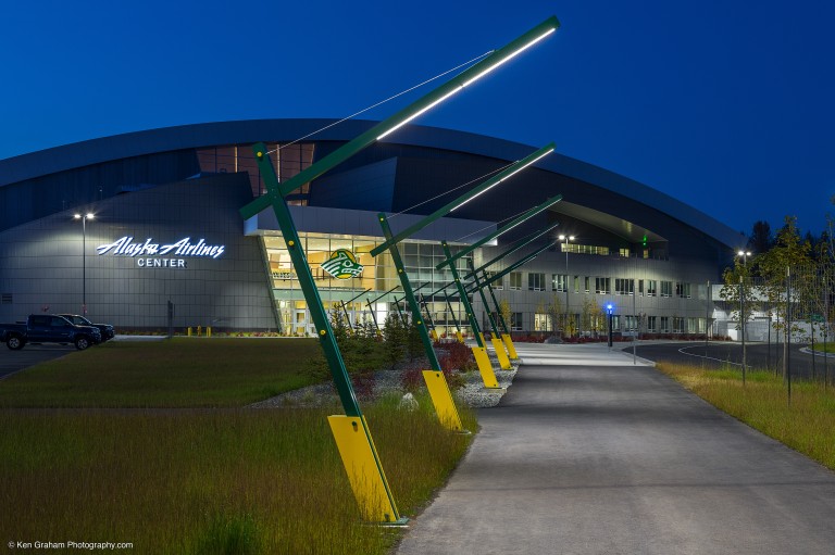 Brightly lit path towards building