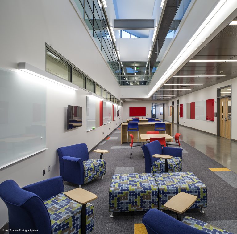 Brightly lit tables and whiteboards