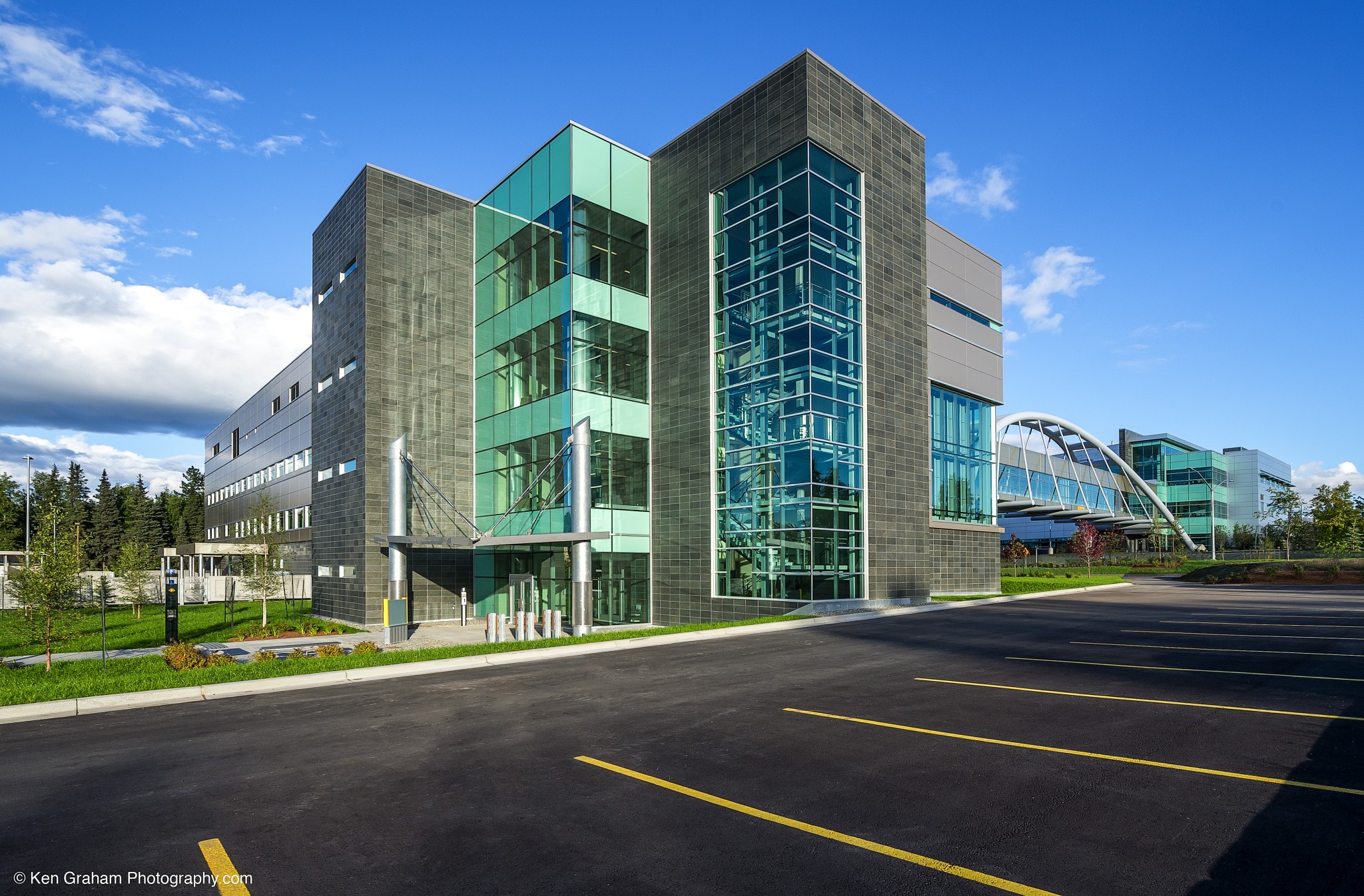 Multistory building with large windows and decorative tile walls
