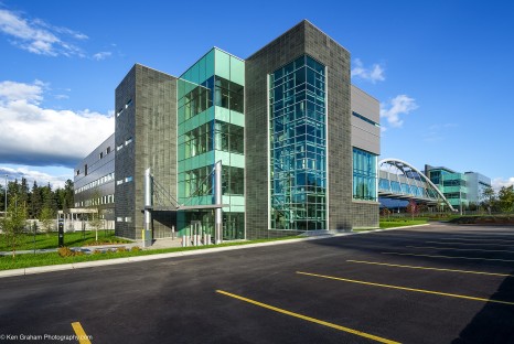 Multistory building with large windows and decorative tile walls
