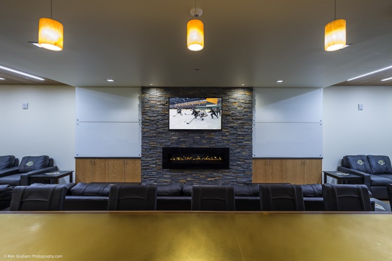 Lobby with fireplace and decorative lighting