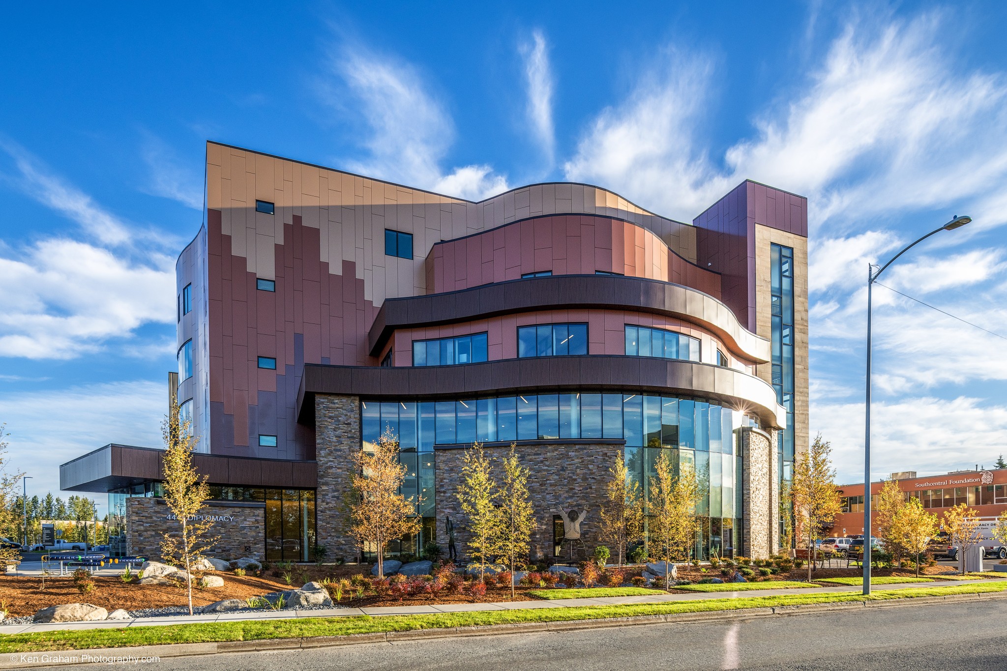 Multistory building with decorative brown panel walls