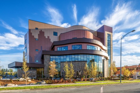 Multistory building with decorative brown panel walls