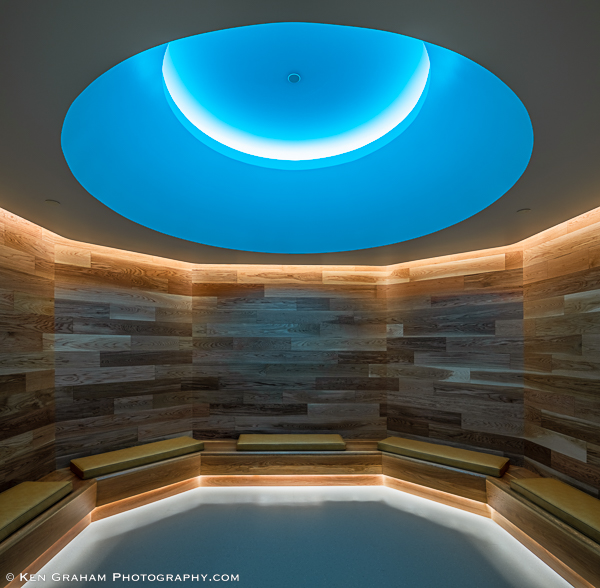 Room with decorate blue and white lighting