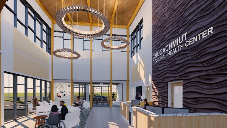 Rendering of lobby with decorative chandeliers