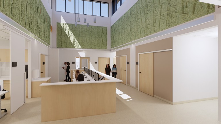 Rendering of medical lobby with decorative lighting