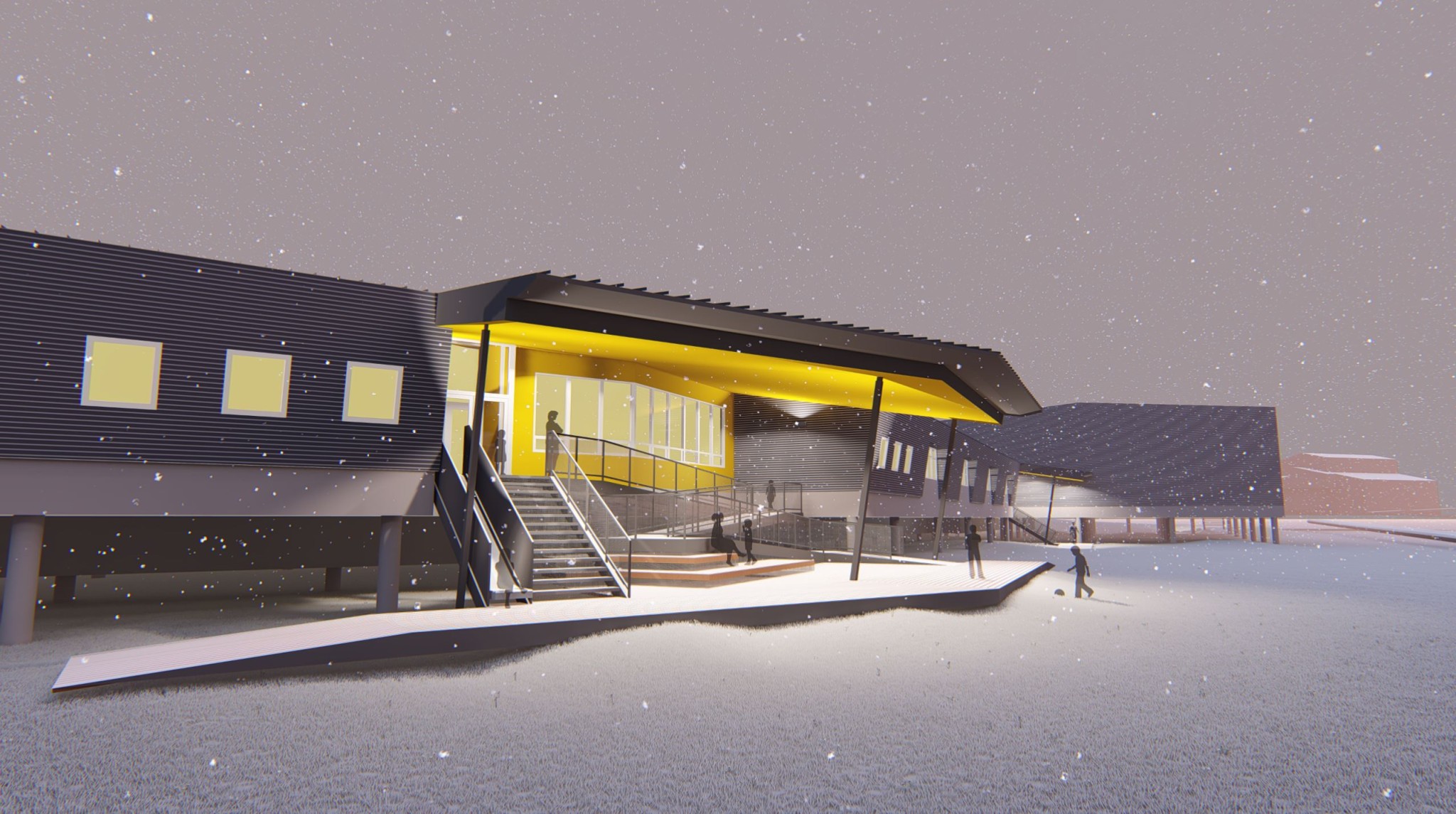 Rendering of metal paneled school in snowy terrain
