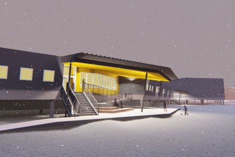 Rendering of metal paneled school in snowy terrain