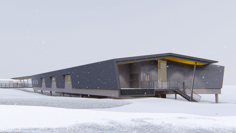 Rendering of metal paneled school in snowy terrain
