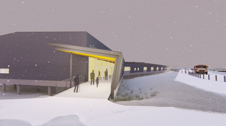 Rendering of school building in snowy terrain