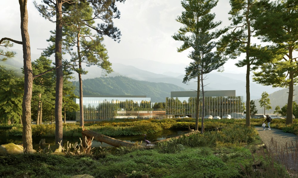 Rendering of large multistory building with reflective glass walls