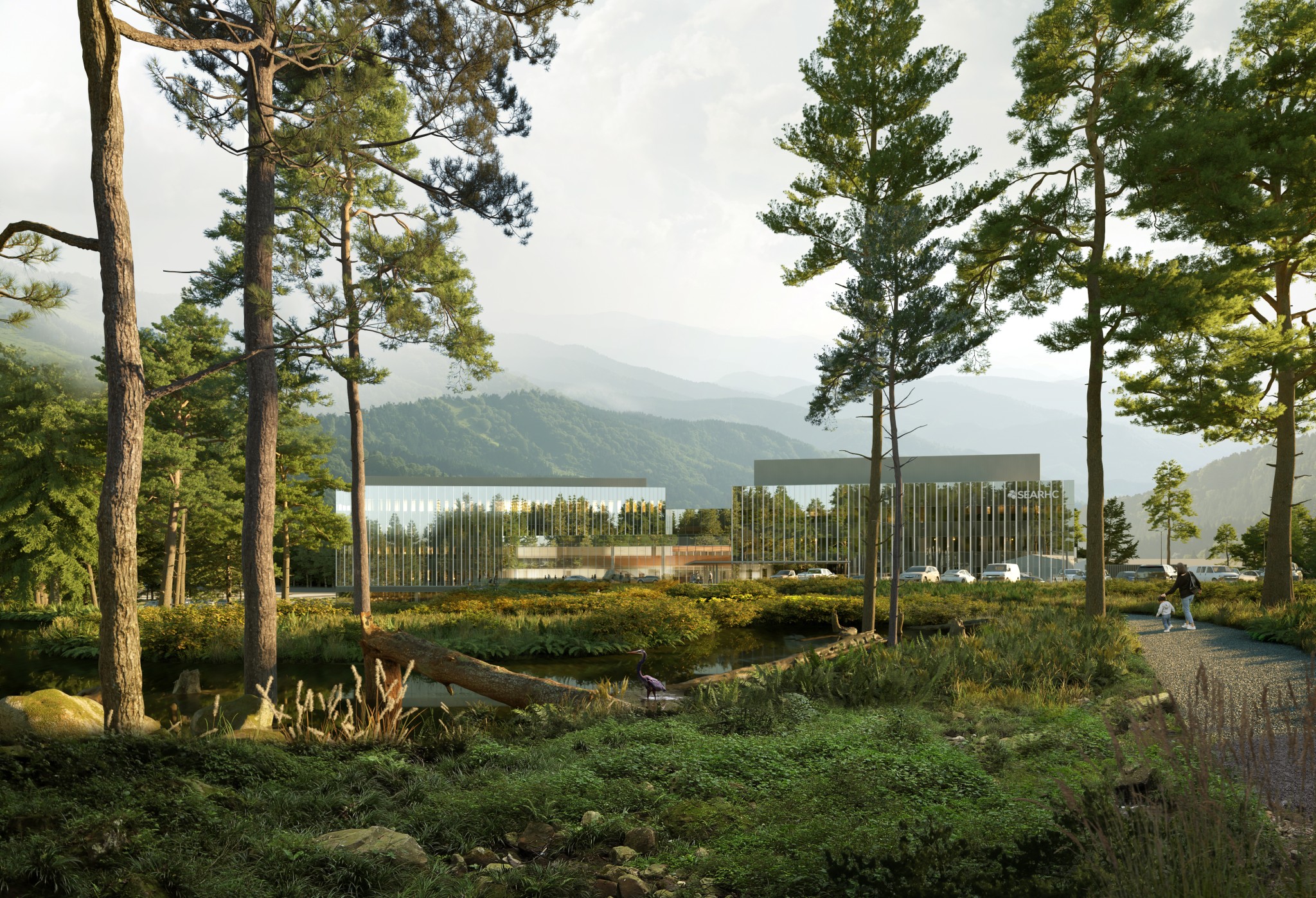 Rendering of large multistory building with reflective glass walls