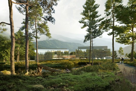 Rendering of large multistory building with reflective glass walls