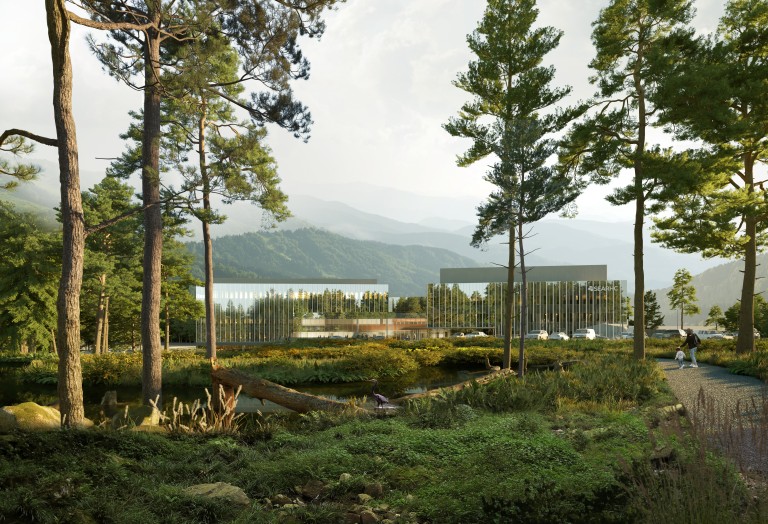 Rendering of large multistory building with reflective glass walls