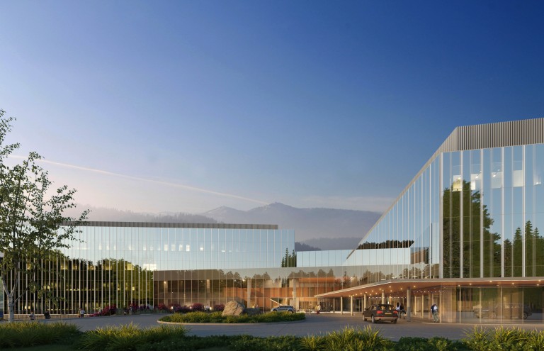 Rendering of large multistory building with reflective glass walls