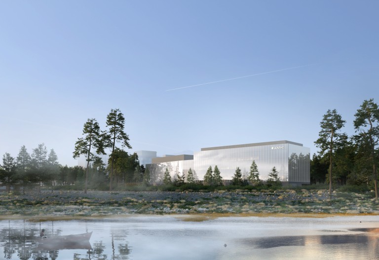 Rendering of large multistory building with reflective glass walls