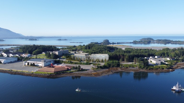 Large multistory building with reflective glass walls