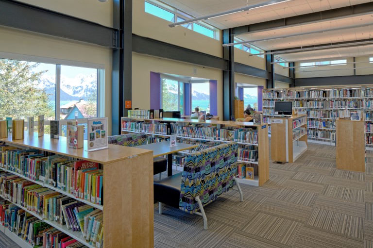 Brightly lit library shelves