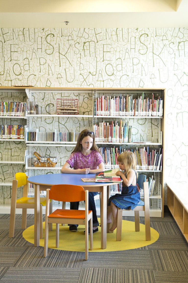 Children sitting at table in library