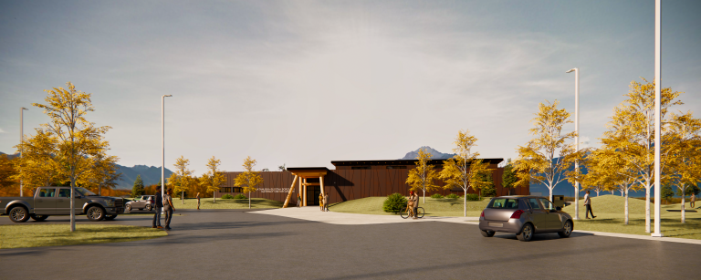 Rendering of building with decorative panelling and parking lot