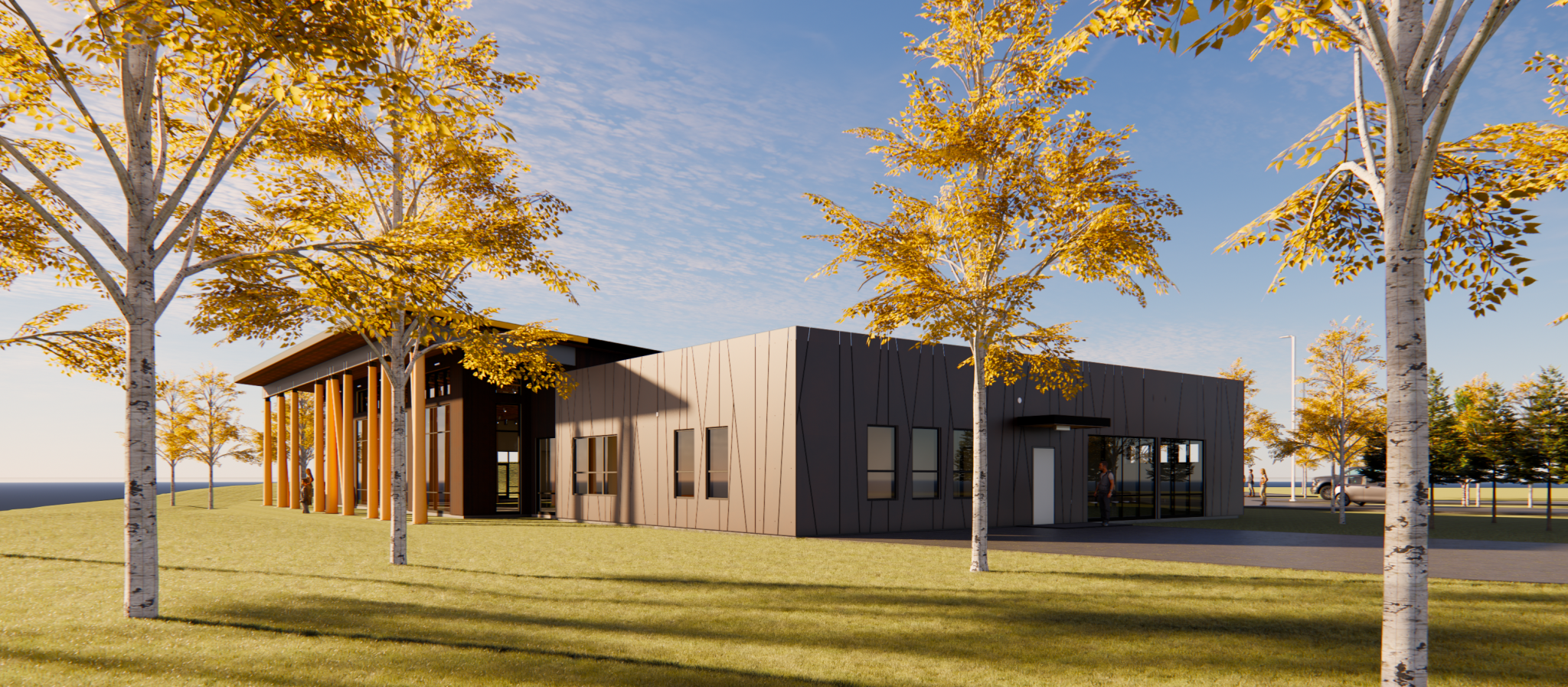 Rendering of building with decorative walls