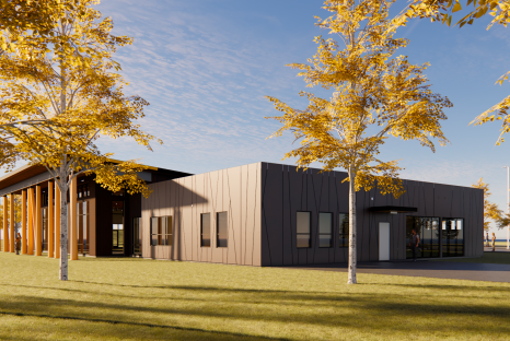 Rendering of building with decorative walls