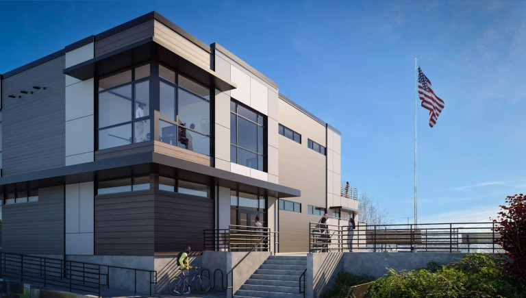 Rendering of two story modern building with wood paneled walls