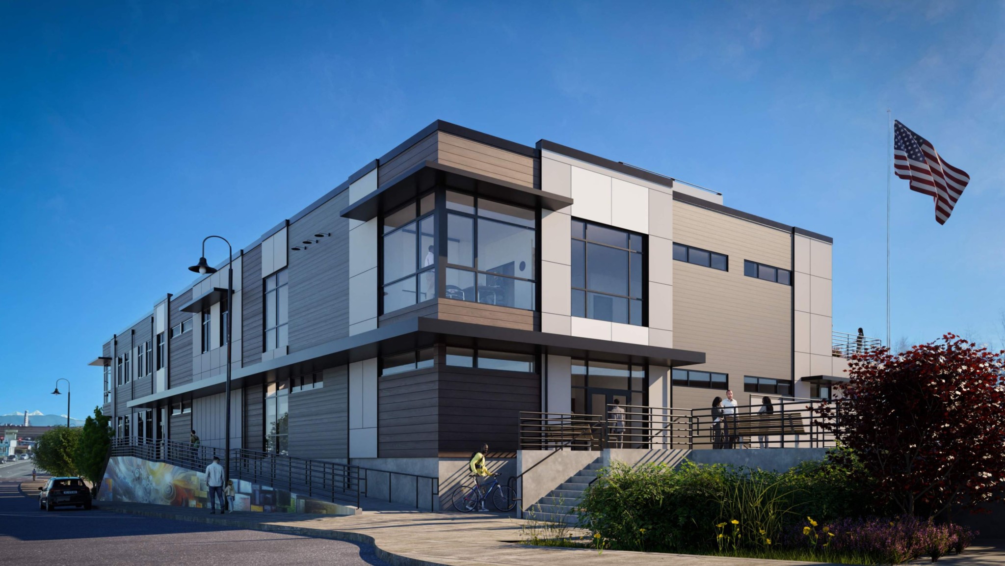 Rendering of two story modern building with wood paneled walls