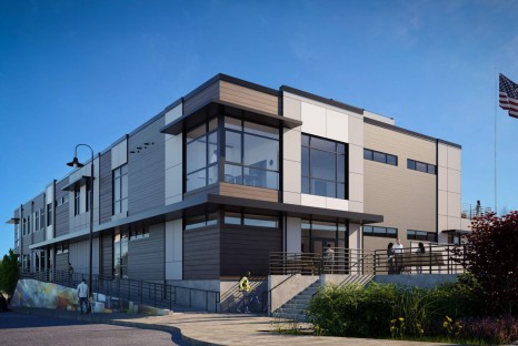 Rendering of two story modern building with wood paneled walls