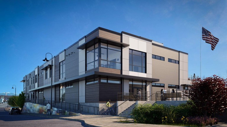 Rendering of two story modern building with wood paneled walls