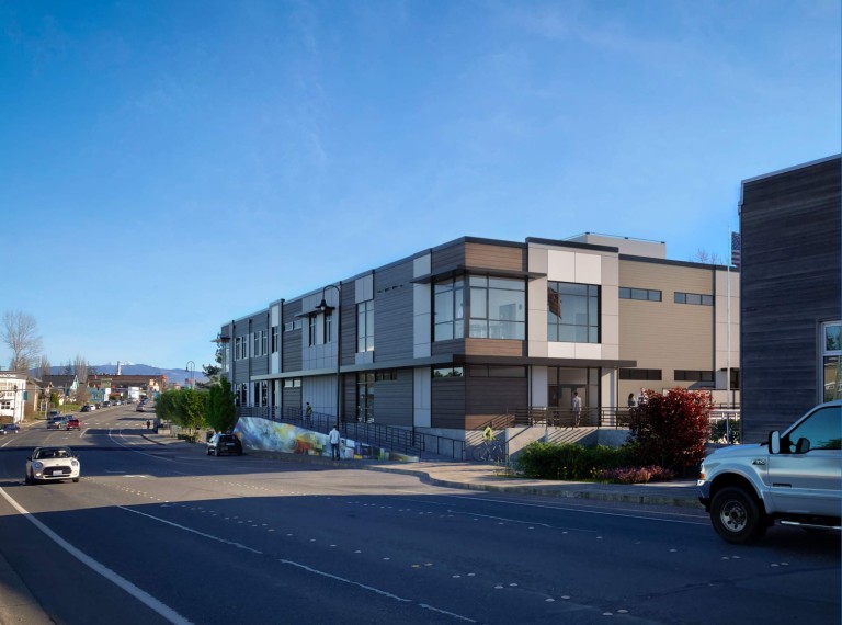 Rendering of two story modern building with wood paneled walls