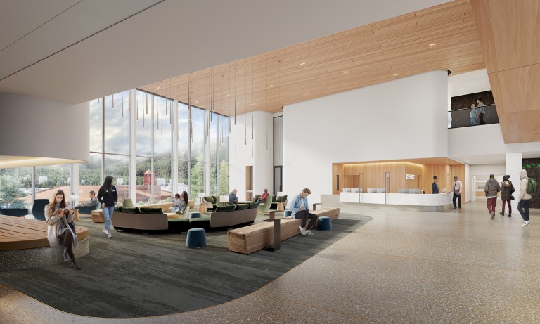 Rendering of lobby with decorative hanging lighting