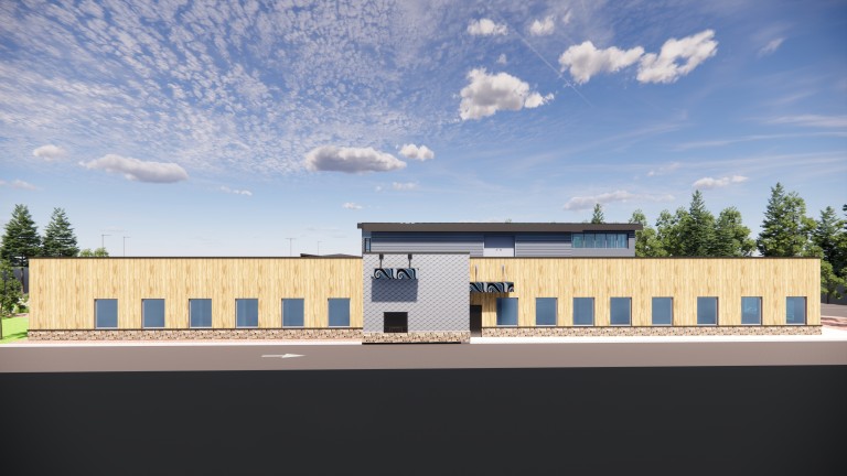 Rendering of one story building with decorative wood paneled walls