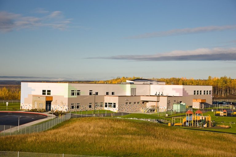 Multi-story school building and playground