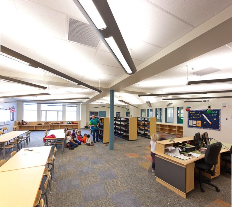 Brightly lit library in elementary school