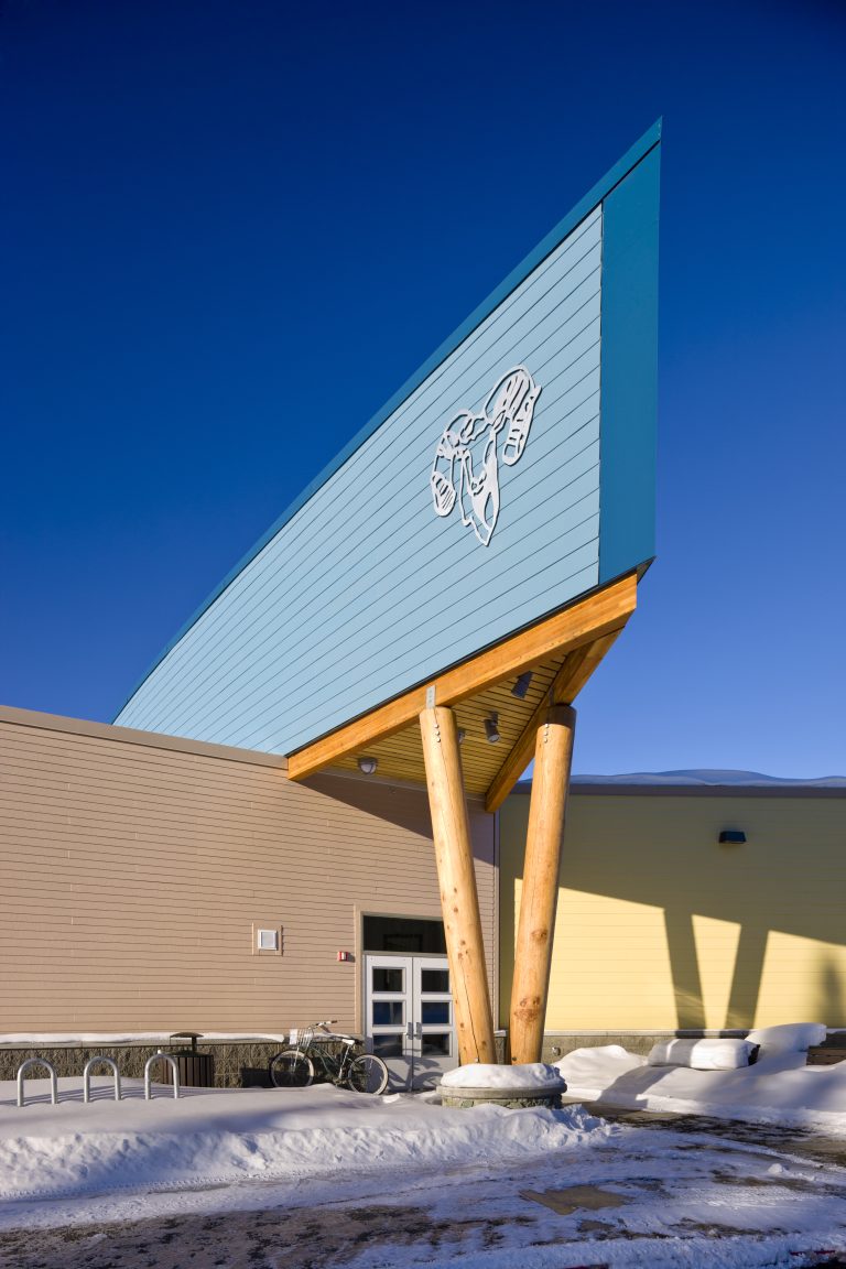 Covered decorative entryway to school