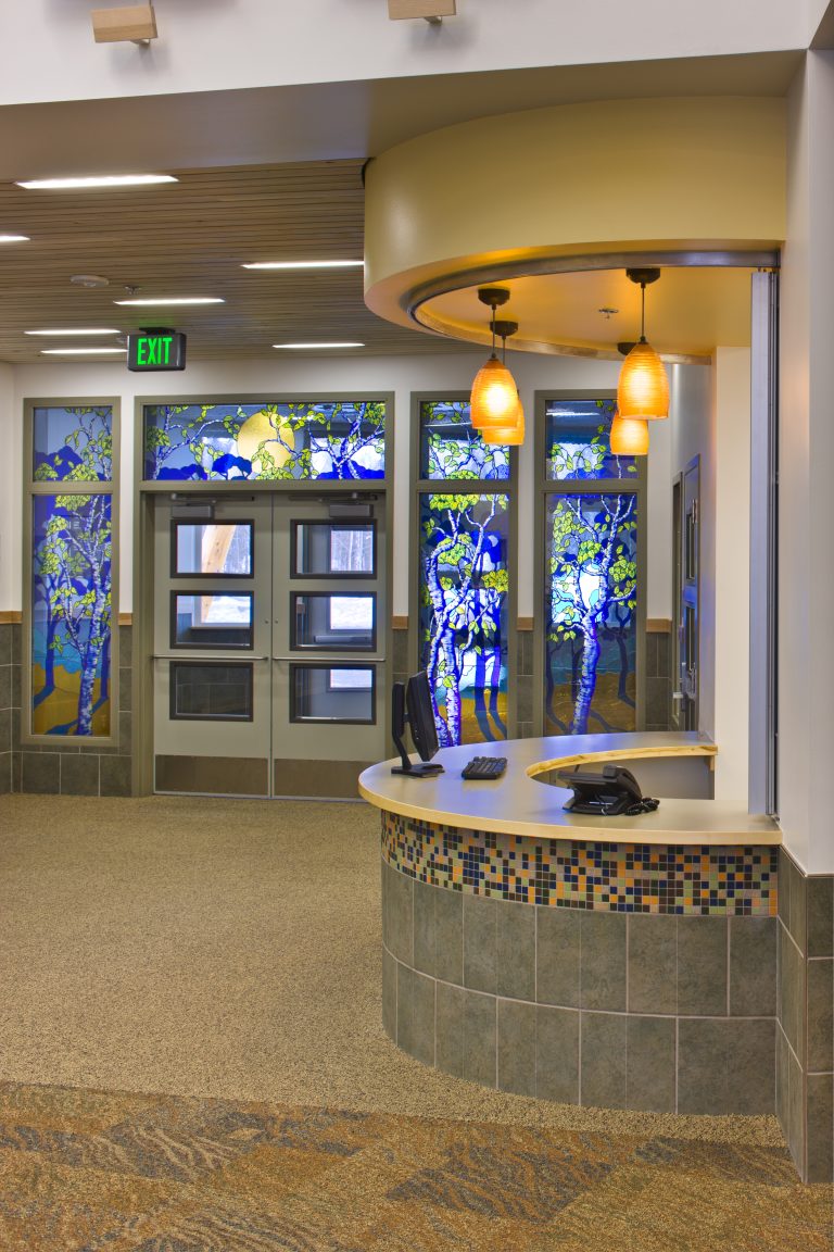 Decorative lighting in school entryway