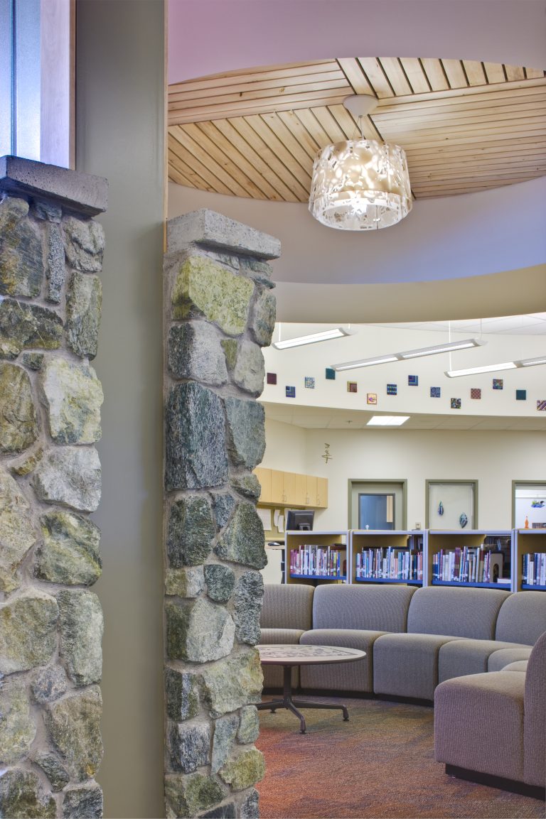 Decorative chandelier and lighting in school library