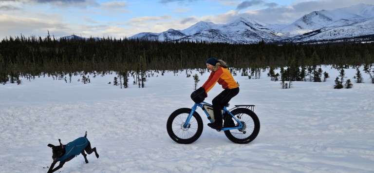 Brown dog running in snow beside woman on a bike