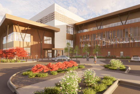 Rendering of multistory building with decorative wood panels and structures on the walls