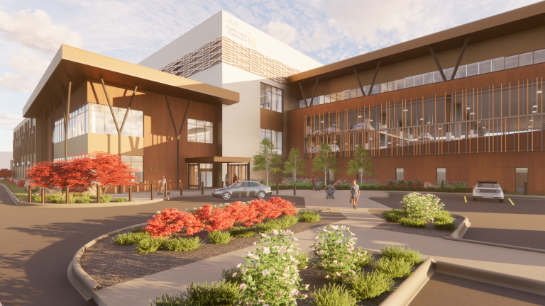 Rendering of multistory building with decorative wood panels and structures on the walls