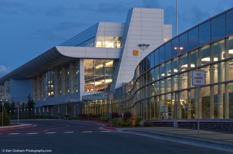 Exterior of brightly lit airport